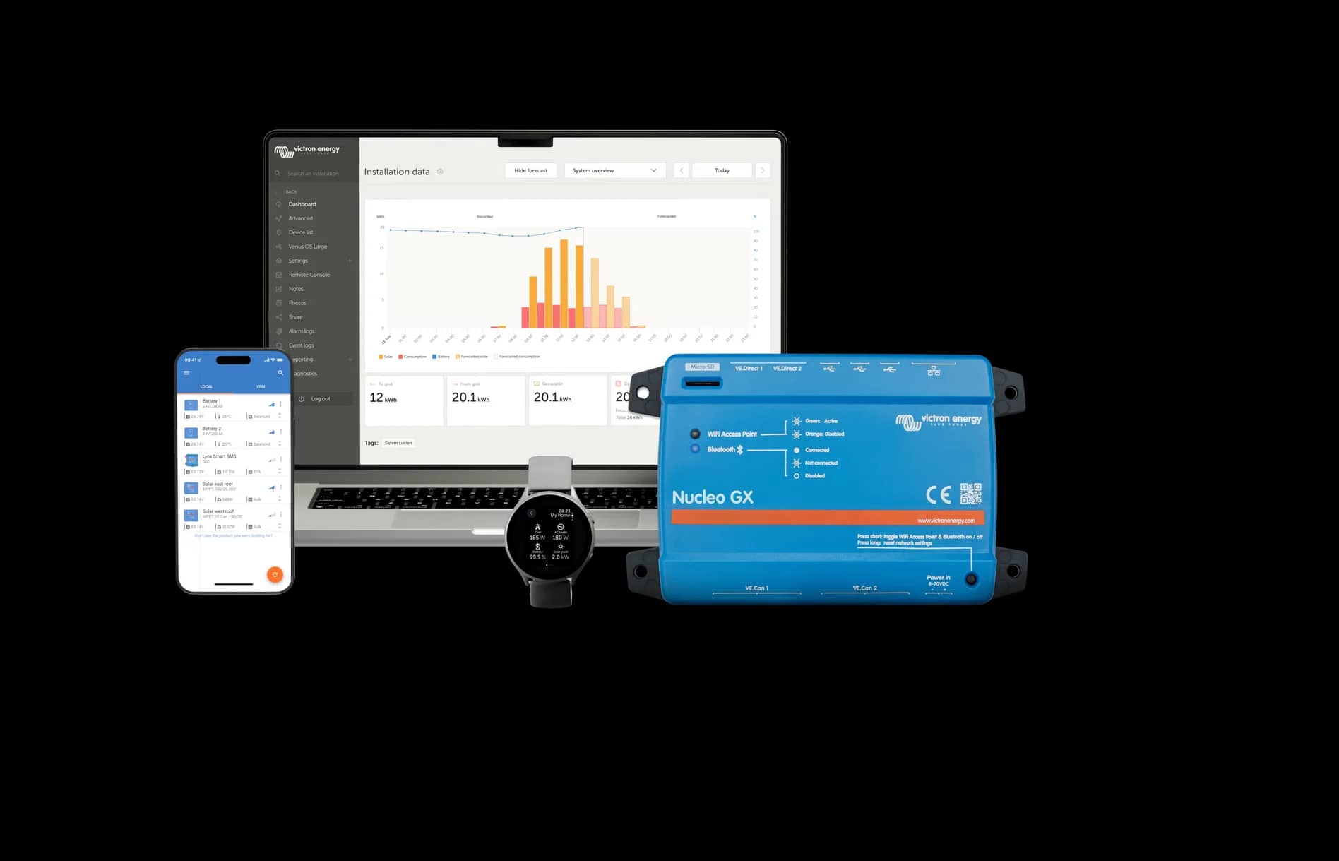 VRM portál és VictronConnect alkalmazás egy Nucleo GX rendszert felügyelve