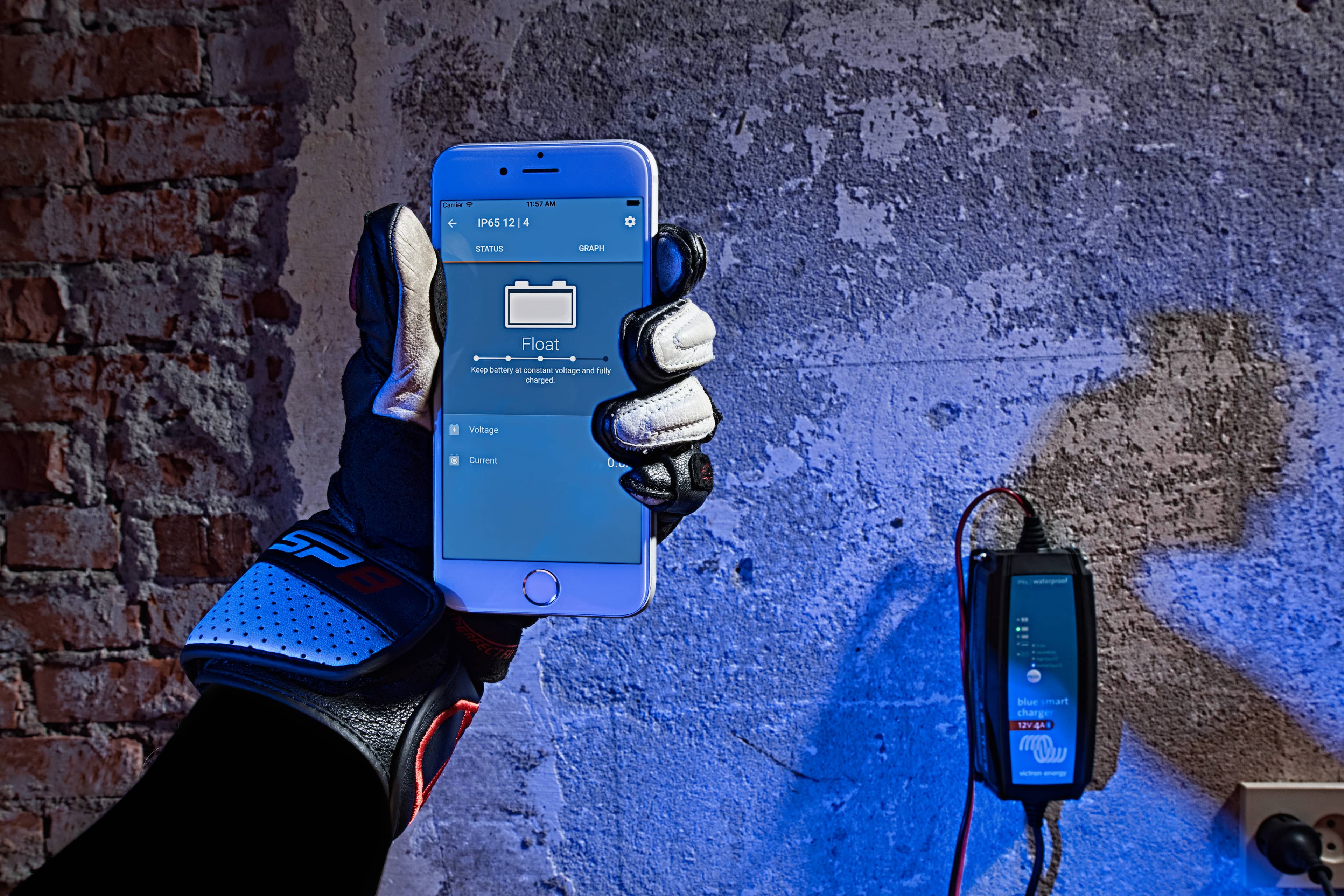 Blue Smart IP65 Charger motorcycle with iPhone thumbnail